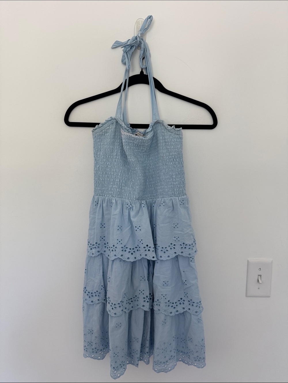 American Eagle Light Blue Tiered Eyelet Halter Dress - Size S